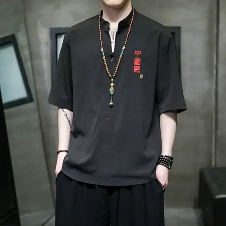 新中式国潮冰丝短袖T恤男款夏季薄款垂感V领唐装刺绣中国风半袖潮图片