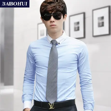 春秋新款时尚休闲拼接长袖衬衣男士韩版修身帅气撞色长袖衬衫男潮商品大图