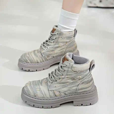 2023秋新款单靴女ins潮网红厚底短筒马丁靴时尚复古牛仔系带短靴图片