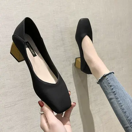 软皮方头粗跟单鞋女2023春秋新款仙女风百搭工作鞋中跟舒适奶奶鞋商品大图