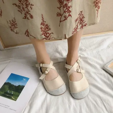 奶奶鞋女平底2023新款春夏单鞋软皮豆豆鞋温柔风仙女白色女鞋潮商品大图