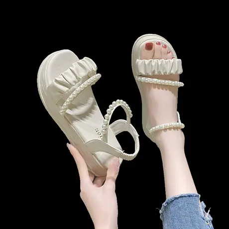 法式珍珠凉鞋女2023夏季新款网红厚底仙女配裙子女士罗马沙滩凉鞋商品大图