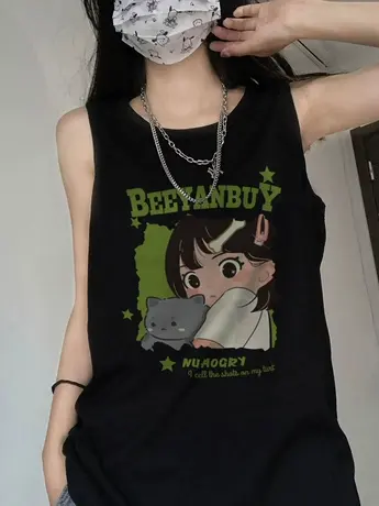 美式复古纯棉吊带运动坎肩背心无袖t恤女夏外穿宽松港风挂脖上衣图片