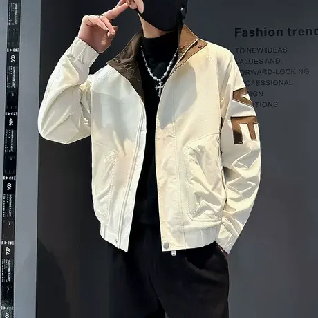 秋季立领工装夹克男潮流字母休闲短款男装上衣潮牌机车冲锋衣外套商品大图