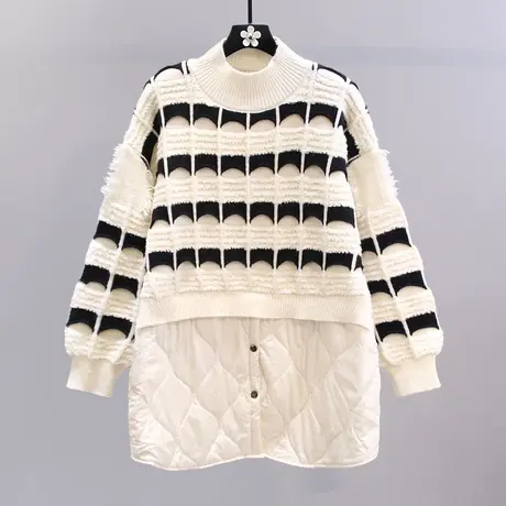 棉服拼接高领毛衣女冬季2022新款宽松慵懒风设计感中长款打底上衣商品大图