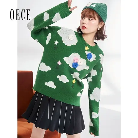 Oece设计感针织衫2022秋冬新品季新款女装云朵棉花糖减龄提花毛衣商品大图