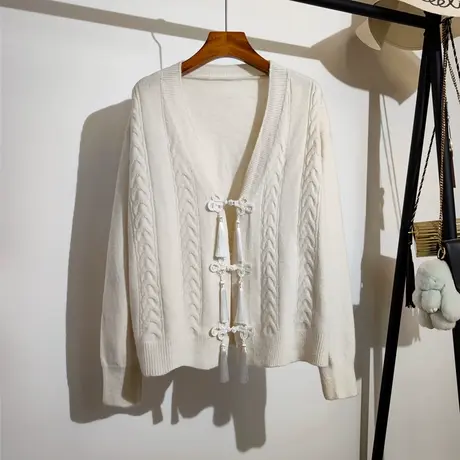 新中式流苏盘扣针织开衫秋冬v领显瘦气质百搭国潮毛衣女宽松外套商品大图