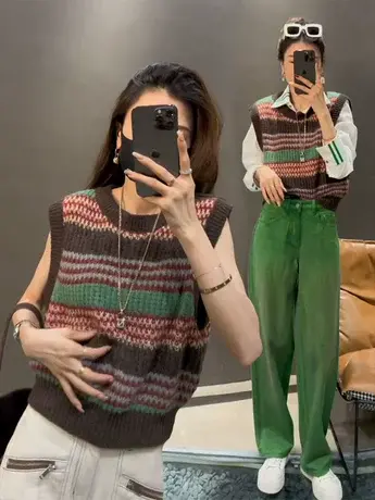 2023秋装新款韩版显瘦圆领无袖针织衫条纹复古套头马甲上衣背心女商品大图