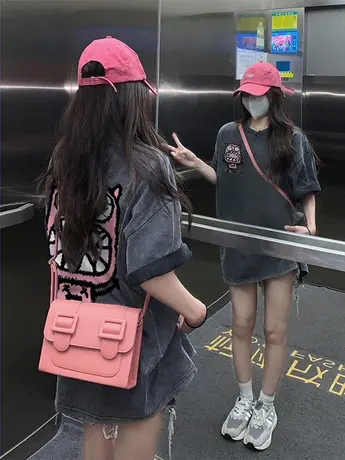 美式高街风oversize大码纯棉t恤女潮ins酷复古水洗灰做旧短袖上衣商品大图