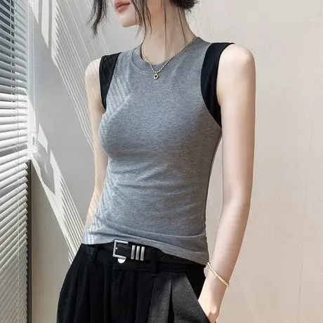 时尚圆领拼色无袖上衣女2025夏季新款修身衬衫内搭高级运动背心女商品大图