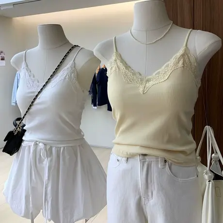 内搭神器蕾丝花边V领吊带背心高弹修身显瘦女士带胸垫氛围感上衣图片