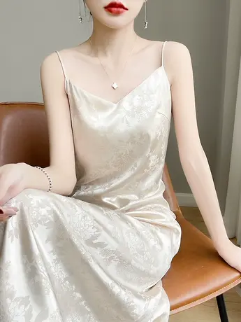 真丝吊带睡裙女士夏季性感高级睡衣裙长款醋酸缎面法式吊带连衣裙商品大图