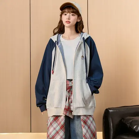唐狮2025春秋针织外套女撞色拼接插肩袖连帽宽松百搭美式卫衣6.12图片