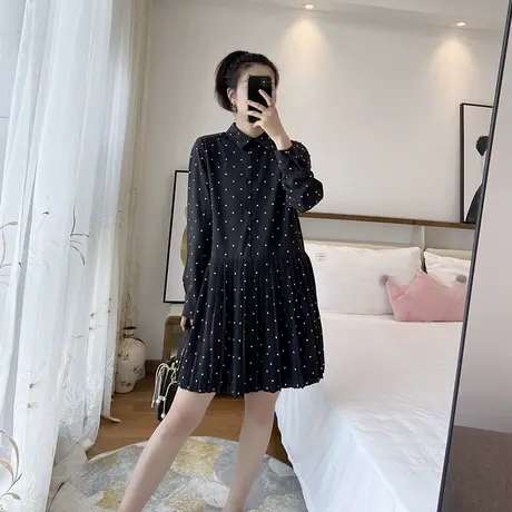 女装2025年新款春秋大码宽松显瘦波点百褶长袖连衣裙胖mm打底雪纺图片
