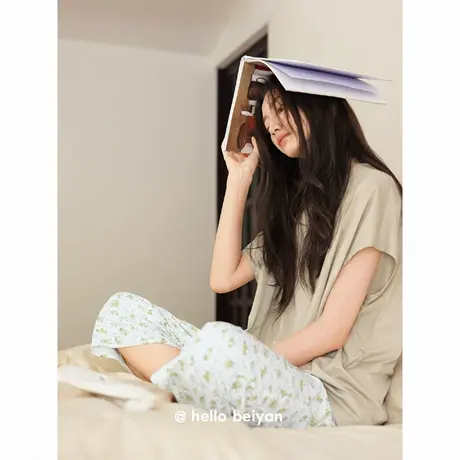 贝妍田园风睡衣女夏薄款莫代尔棉家居服甜美小碎花短袖七分裤套装商品大图