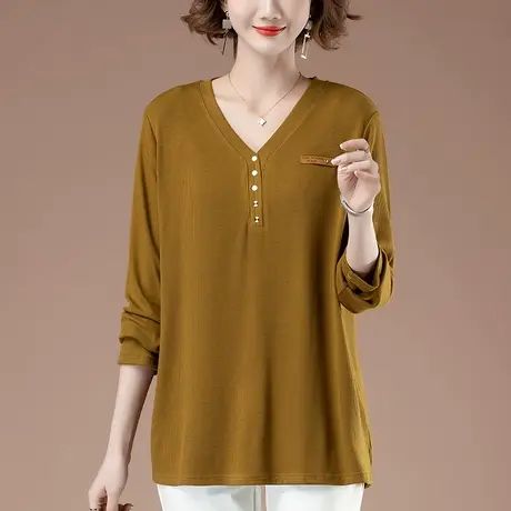长袖t恤女春秋新款加肥加大码女装宽松中年妈妈显瘦遮肚V领打底衫商品大图