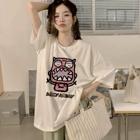 复古chic慵懒风t恤短袖女白色大码纯棉潮ins嘻哈百搭印花夏季上衣商品大图