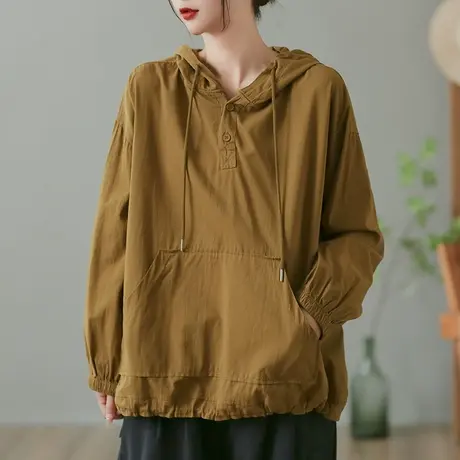 dza 复古纯色连帽卫衣女士2023秋季新款内搭上衣宽松休闲长袖外套商品大图