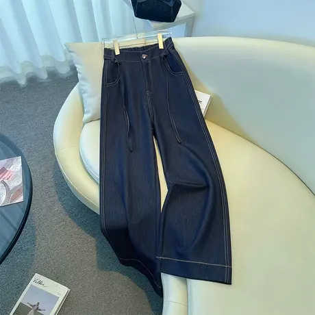 深蓝色阔腿牛仔裤女秋季2025新款高腰显瘦长裤宽松直筒百搭休闲裤图片