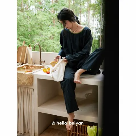贝妍复古格纹睡衣女款春秋季长袖家居服慵懒风宽松大码柔软棉套装商品大图