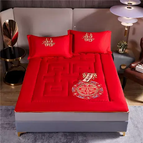 恒源祥新款中式婚庆绣花床垫抗菌四季通用结婚喜庆大红色床褥商品大图