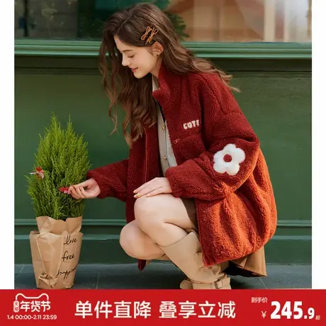 唐狮2026春季女短款仿羔毛开衫外套花朵毛巾绣红色立领新年氛围图片