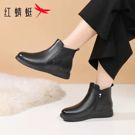红蜻蜓冬季女鞋女士靴子女短靴真皮加绒加厚高帮老人妈妈棉靴牛皮商品大图