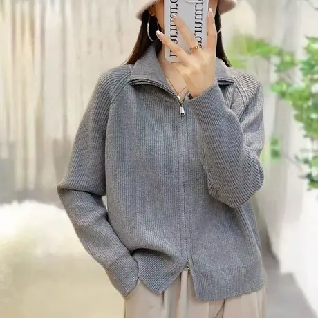 双拉链毛衣开衫女外搭加厚外套秋冬2023新款立领慵懒风宽松针织衫商品大图