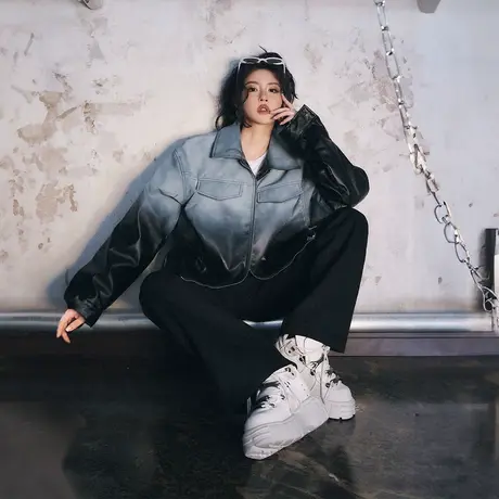 潮牌复古渐变色PU皮棉服女冬季夹棉外套2023新款街头嘻哈宽松棉衣商品大图