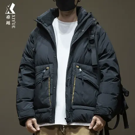 希越80%灰鸭绒羽绒服男冬季户外工装风夹克宽松大码连帽棉服外套商品大图