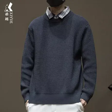希越设计感假两件毛衣男2023冬季套头针织衫宽松大码日系复古上衣图片