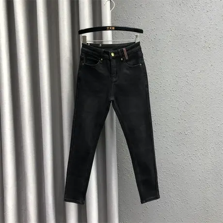 欧货黑色加绒小脚牛仔裤女23秋冬新款高腰显瘦紧身弹力百搭铅笔裤商品大图