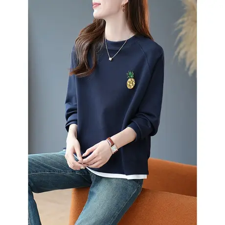 宝诗黎圆领拼接假两件钉珠卫衣2023春秋新款长袖棉质宽松百搭上衣商品大图