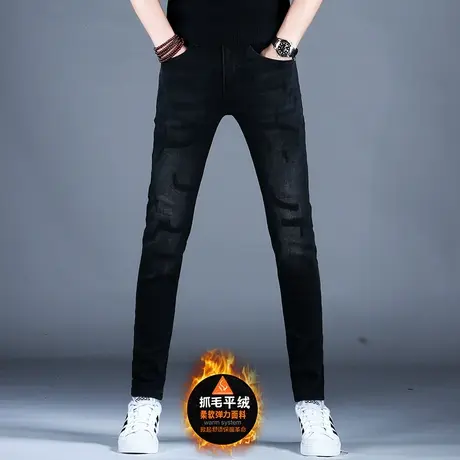 黑色牛仔裤秋冬款男士加绒加厚裤子潮牌美式高街2023新款保暖长裤商品大图