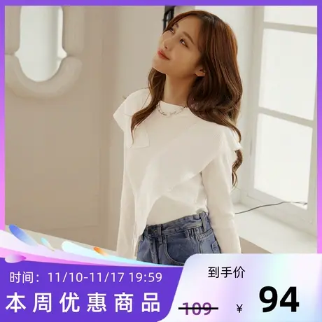 桔熊秋冬季设计不对称荷叶拼接坑条衫柔软合身上衣女大码AB17705图片