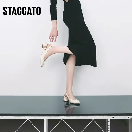 思加图新款奶油鞋法式方头凉鞋粗跟包头凉鞋女鞋EDL02AH2图片