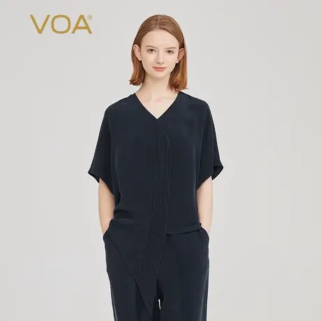 VOA30姆米重磅厚桑蚕丝V领蝙蝠短袖尖角衣摆宽松藏青色真丝T恤衫商品大图