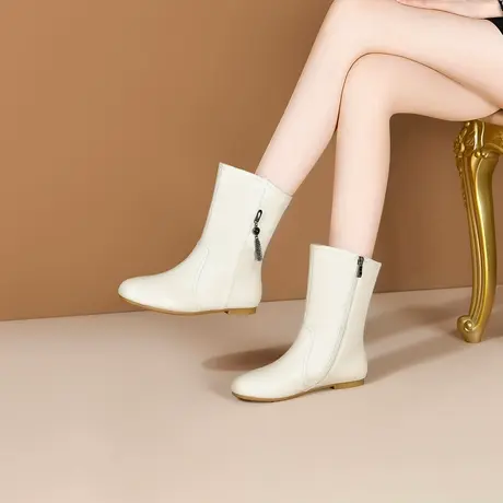 真皮短靴女2023年新款靴子秋冬季牛皮平跟女士靴小圆头大码中筒靴图片