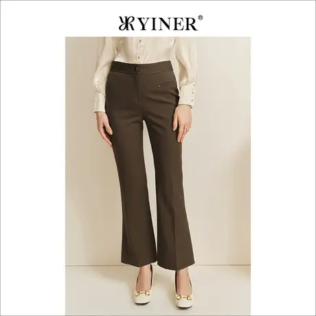YINER音儿专柜女装2022秋季新款高腰显瘦绵羊毛侧开叉喇叭休闲裤商品大图