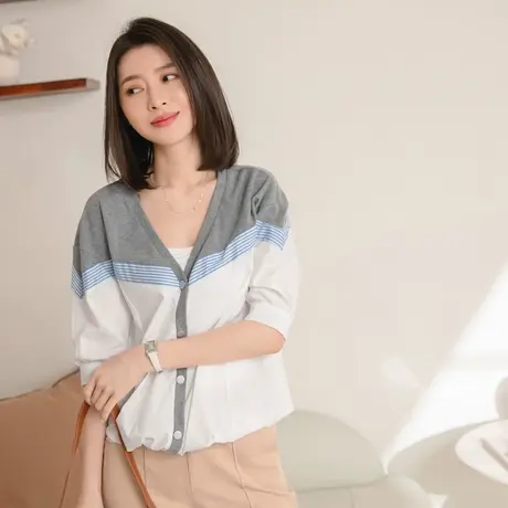 桔熊春夏季通勤清新拼接V领宽松休闲短袖开扣上衣女装大码AB16806图片