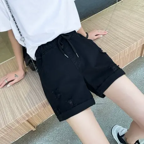 夏薄款破洞五分松紧腰白色阔腿牛仔短裤女胖mm新款乞丐宽松高腰潮图片