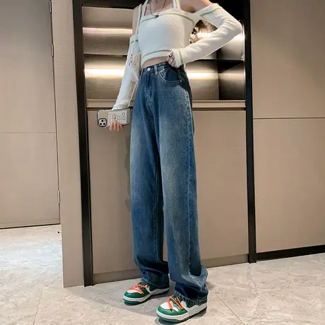 阔腿牛仔裤女春秋高腰显瘦宽松垂感复古做旧水洗蓝色直筒拖地裤子商品大图