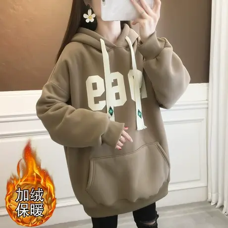 连帽加绒加厚卫衣女2023秋冬慵懒风时尚洋气欧货韩版宽松大码女装商品大图