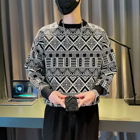 民族风个性提花套头毛衣男花色高级感2023秋冬新款潮牌内搭针织衫商品大图