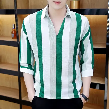 短袖男夏季ins潮流V领2023新款宽松男装上衣体恤韩版五分袖打底衫商品大图