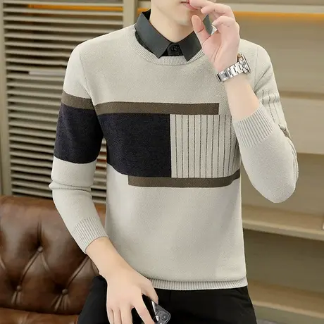 套头加厚假两件毛衣男士韩版秋冬季衬衫领打底针织衫休闲带领线衣商品大图