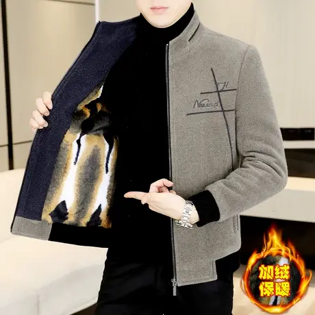 男士呢子外套冬季潮流加厚立领夹克冬款男装高端休闲加绒毛呢大衣商品大图