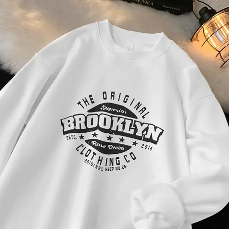 450g美式重磅白色卫衣男秋冬款保暖摇粒绒无帽长袖t恤圆领打底衫图片