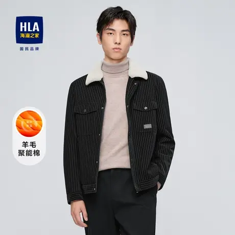 HLA/海澜之家羊毛棉夹克2023秋冬新款可脱卸仿毛领翻领条纹外套男图片