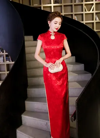 预定礼仪服装女迎宾小姐服春夏新品酒店颁奖中国红走秀回娘家旗袍图片